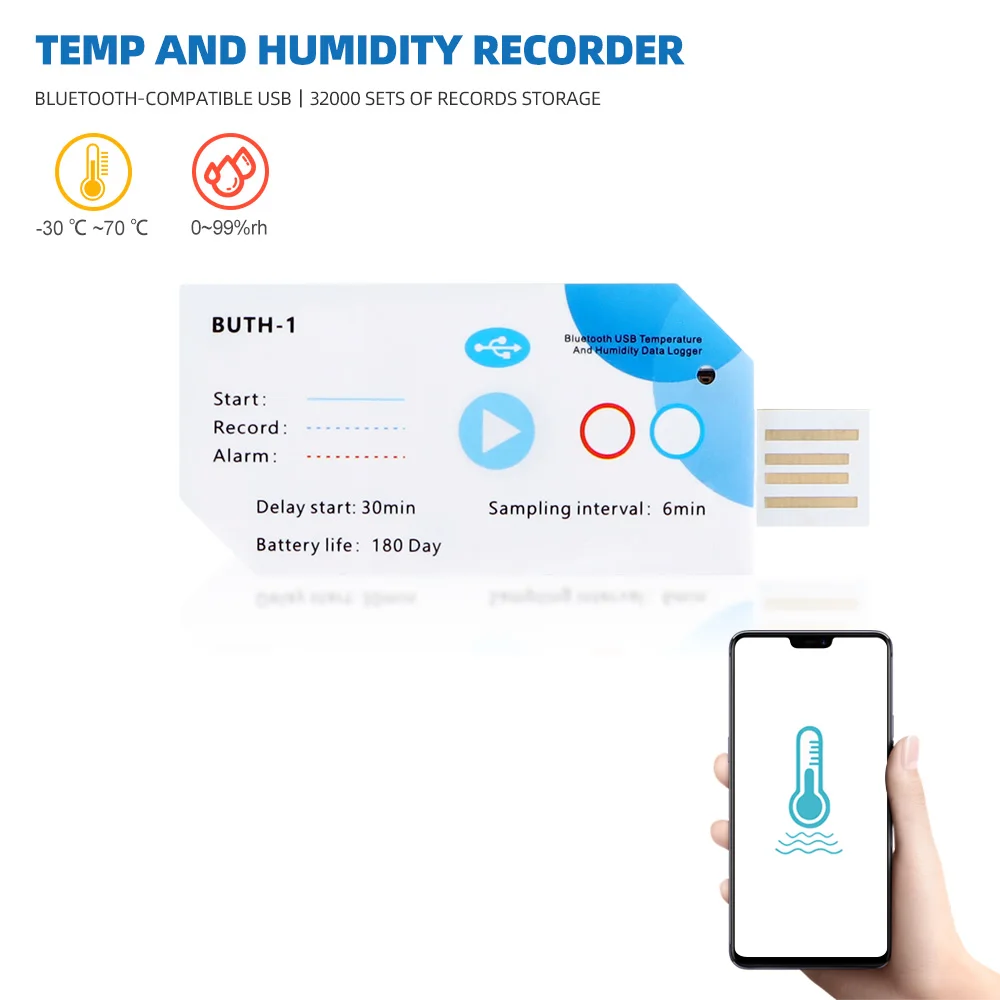 Temperatura sem fio e umidade Data Logger, 180 dias Data Recorder, 32000 pontos, adequado para medicina, alimentos, química Mobile App