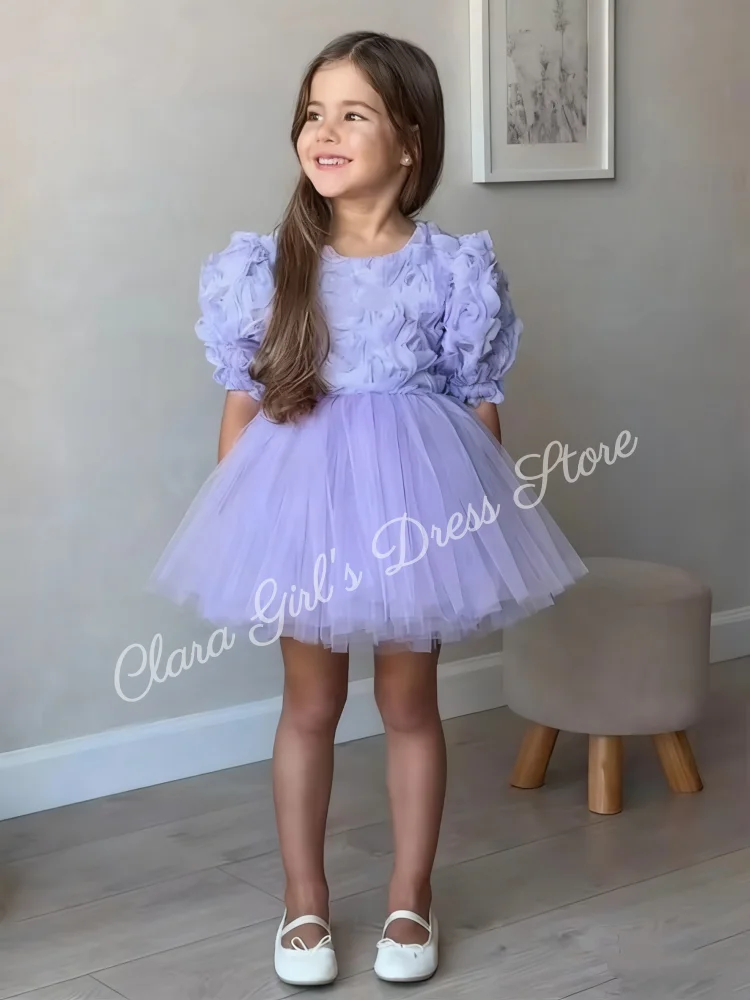 A-line Skirt Knee-Length Puffy Tulle Girls' Dress Children’s Wedding Party Dress Floral Girls' Evening Gown Customizable