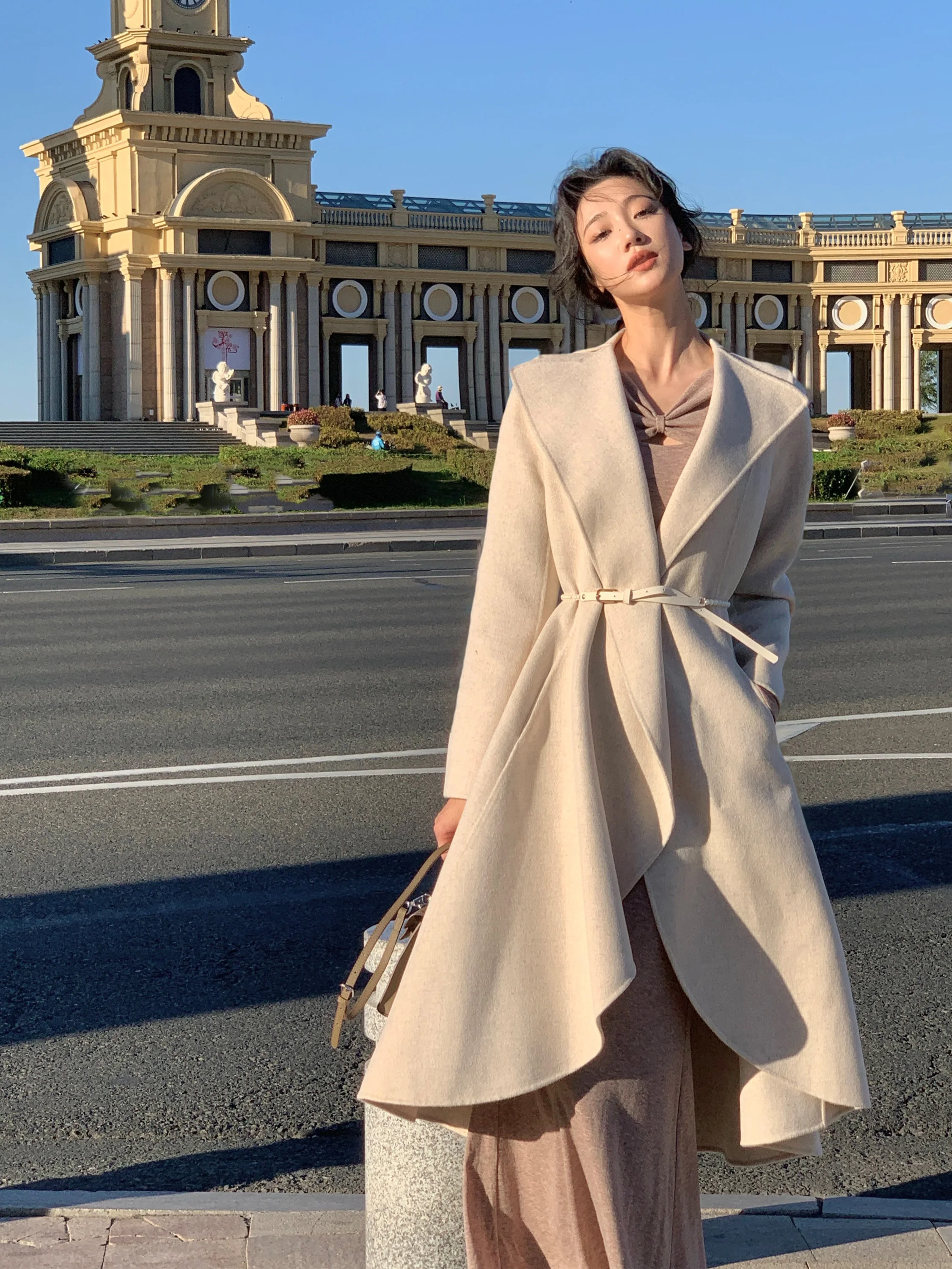 

Женское двустороннее шерстяное пальто Ele: осенне-зимнее, премиум-класса, модное, для повседневной носки, с длинными рукавами, средней длины