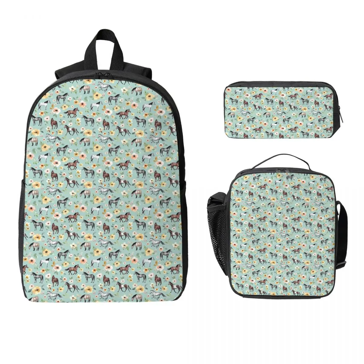 

Horses With Flowers Backpack Student Boys Girls BookBag School Bag Computer Shoulder Bags 3ps Insulated Lunch Bag Pencil Case