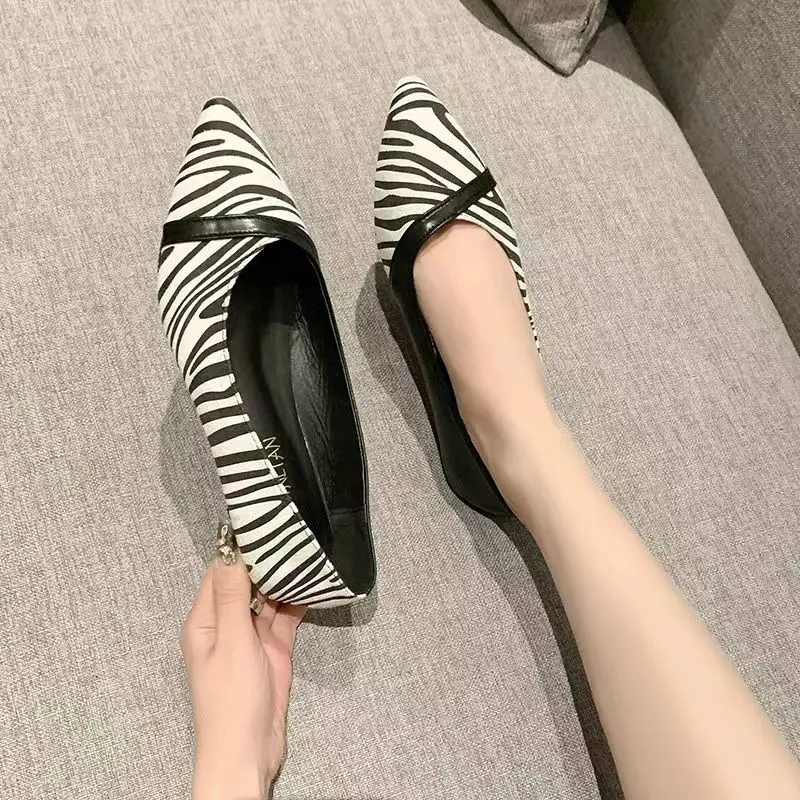 2024 Woman's New Spring Summer Leather Zebra-Stripe Slip-On Flat Sole Casual Shoes Soft Sole Non Slip Pointed Toe Nude Shoes