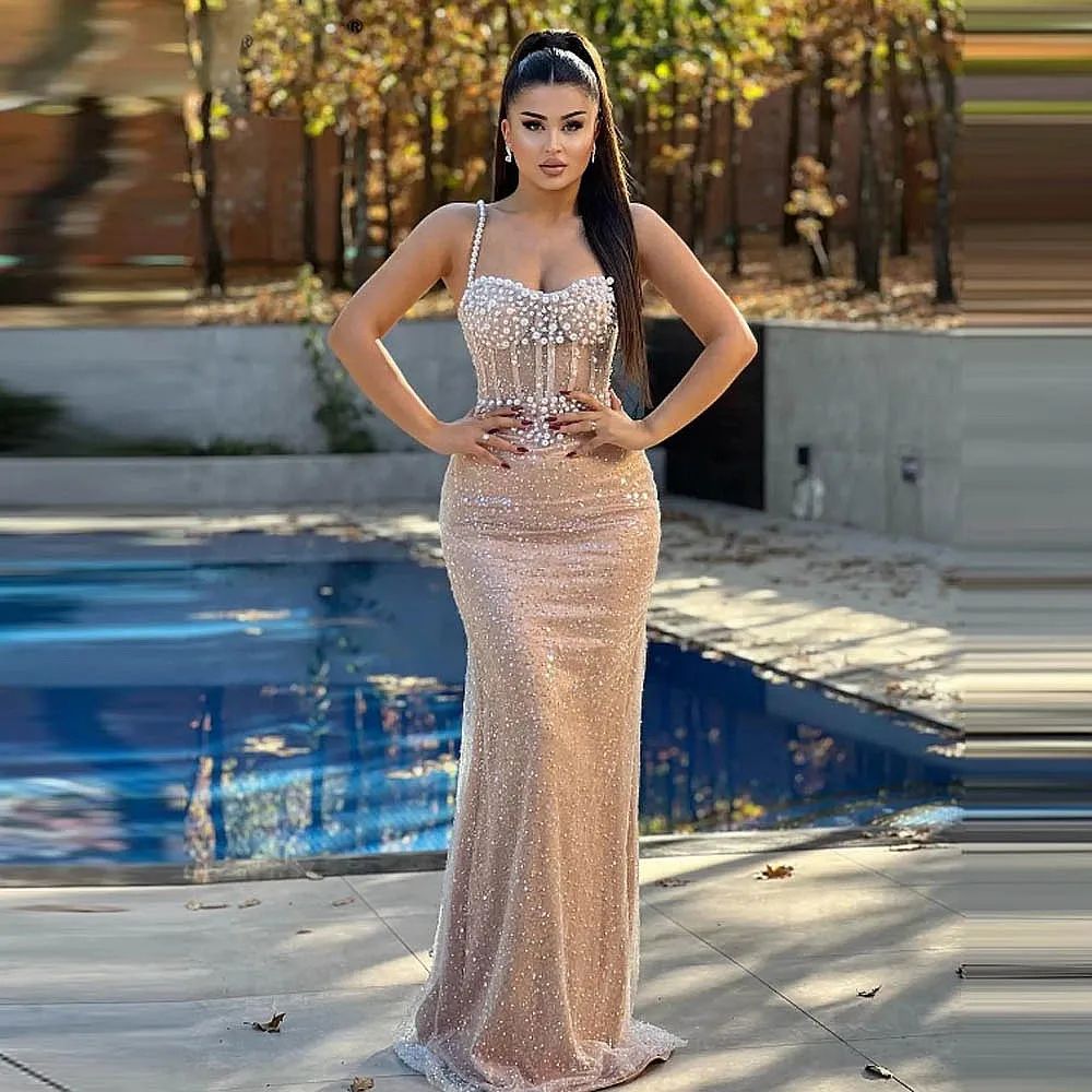 Sexy Sequined Mermaid Prom Dresses With Pearls Beads Wedding Reception Dress Spaghetti Straps Pretty Special Occasion Gowns