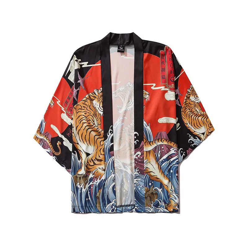 Impressão de tigre solto cardigan japonês harajuku quimono cosplay tops blusa roupas yukata blusa haori asiático roupas