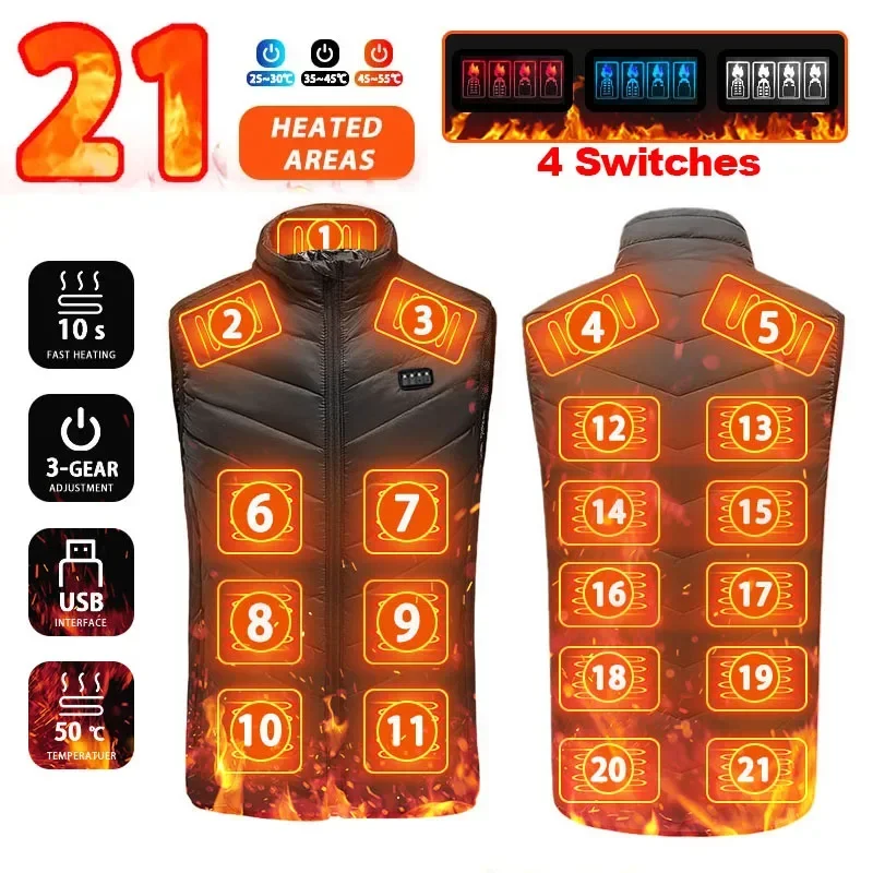 Super Sale 21 VERWARMING ZONES Verwarmd vest Heren Dames Verwarmde jas Winter Warm USB Zelfverwarmend thermisch vest Verwarming donsjack