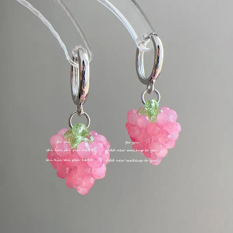 Fruit Series 3D Pink Strawberry Purple Grape Earrings with Crystal Beads