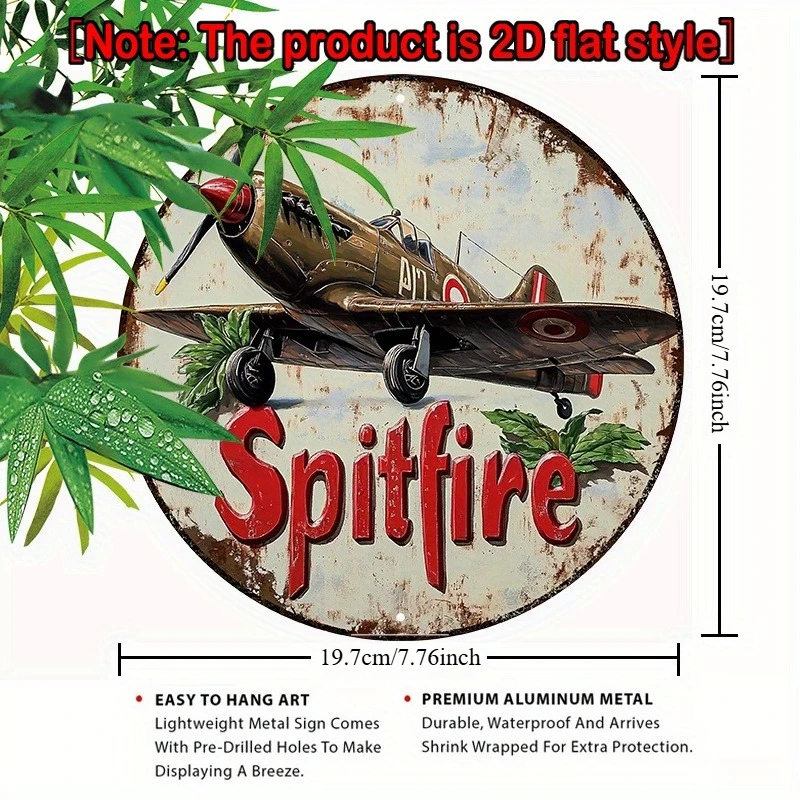 Vintage Spitfire-Style Circular Sign—2D Mural with Aviation Motifs, Weathered Appearance, Suitable for Garden or Garage Decoration