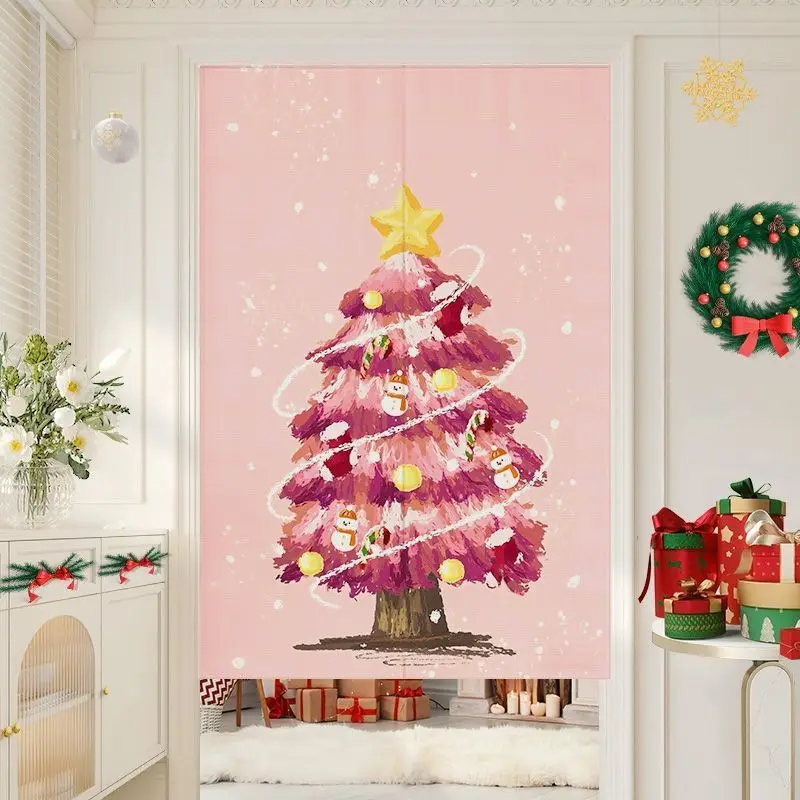 VIKAMA Christmas Rose Oil Painting Tree Door Curtain Pink Background Xmas Star Snowman Ornament Candy Cane Pastel Holiday Linen