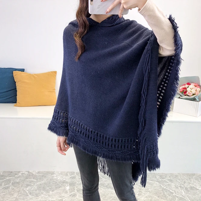 Spring Autumn New Women Winter Knit Hooded Poncho Cape Crochet Fringed Tassel Shawl Wrap Sweater Even Hat Girls Keep Warm Khaki