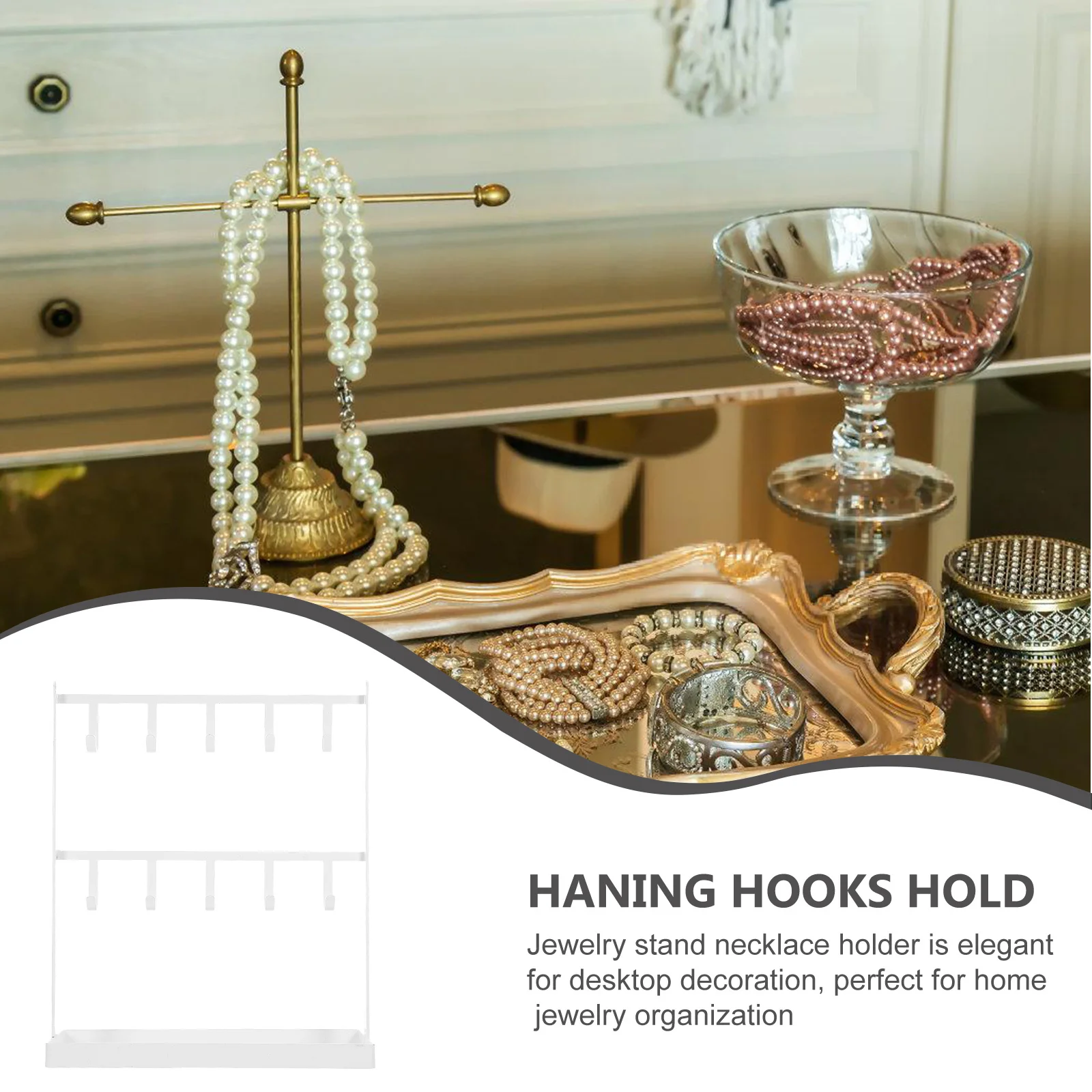 Two Tier Jewelry Organizer Hanging Ornament Storage Rack Metal Frame Wood Base for Necklaces Rings Earrings Watches Holder