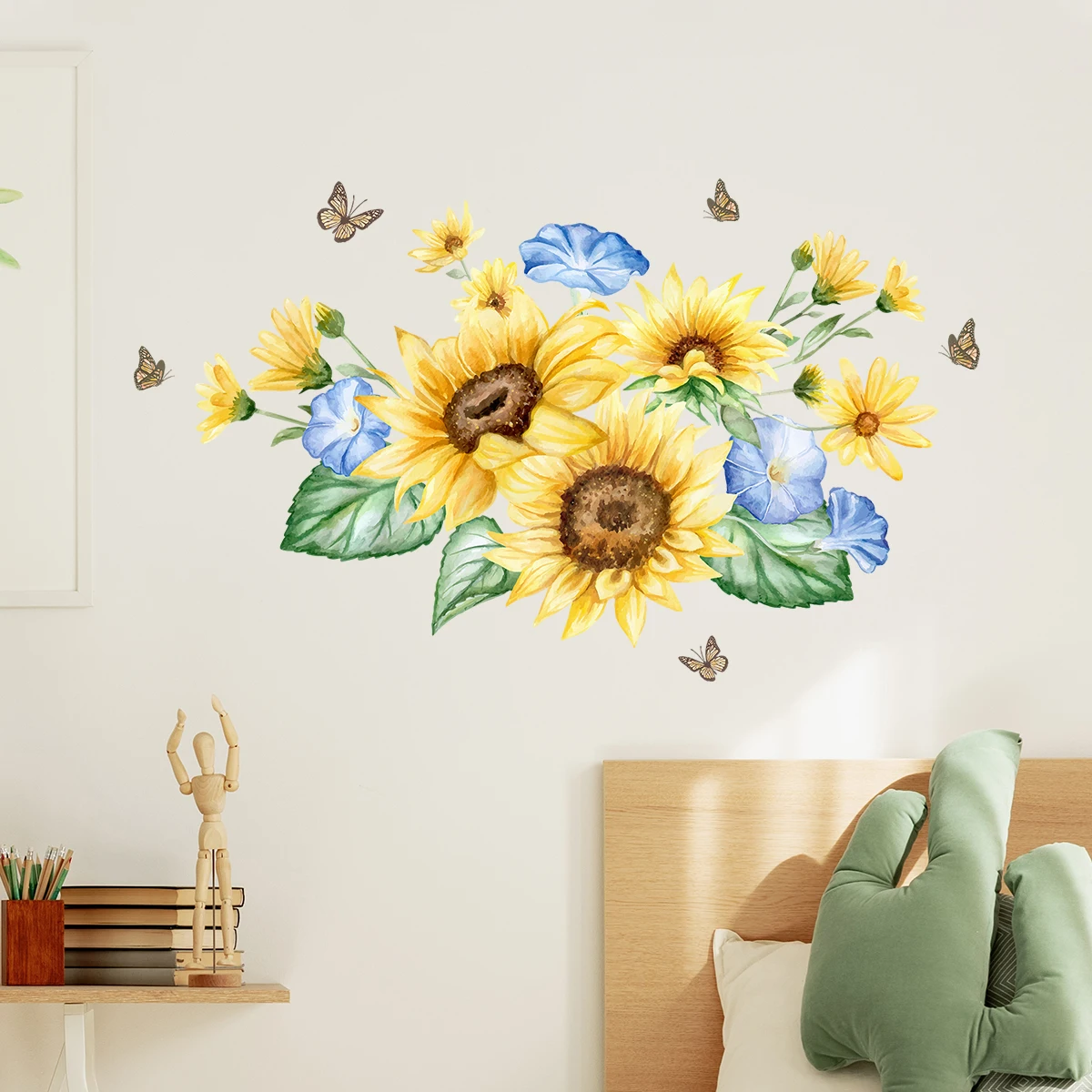 สีน้ําดอกทานตะวันที่มีสีสันผีเสื้อสติ๊กเกอร์ติดผนังสําหรับ Windows ห้องนั่งเล่นเด็กตกแต่งห้อง Wall Decals ตกแต่งห้องนอน