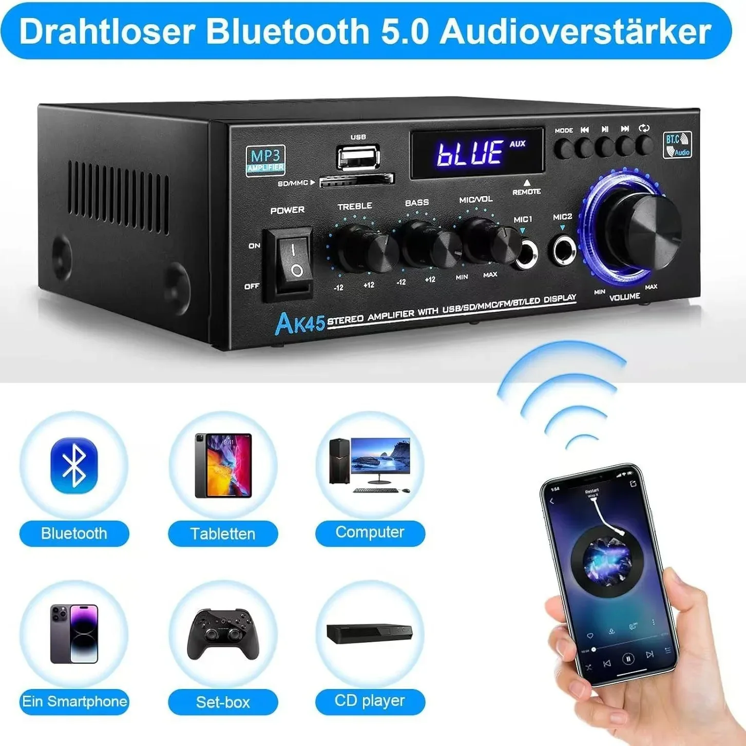 AK45 2-قناة بلوتوث مكبر صوت استيريو مع USB SD AUX FM مدخل شاشة الكريستال السائل هيئة التصنيع العسكري المدخلات التحكم عن بعد