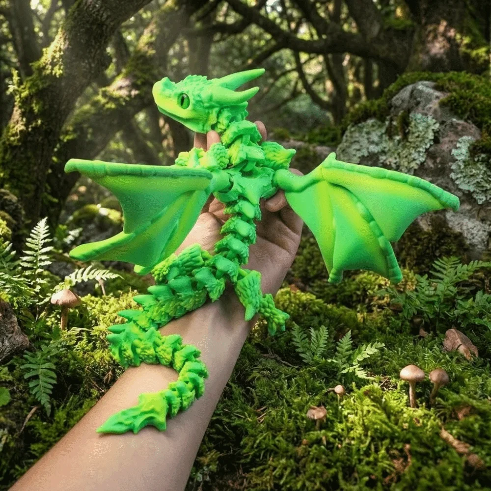 3D Printed Articulated Dragon Toy Multi-Joint Double Horn Dragon Figurine Multi-Color Changing Mysterious Eyes