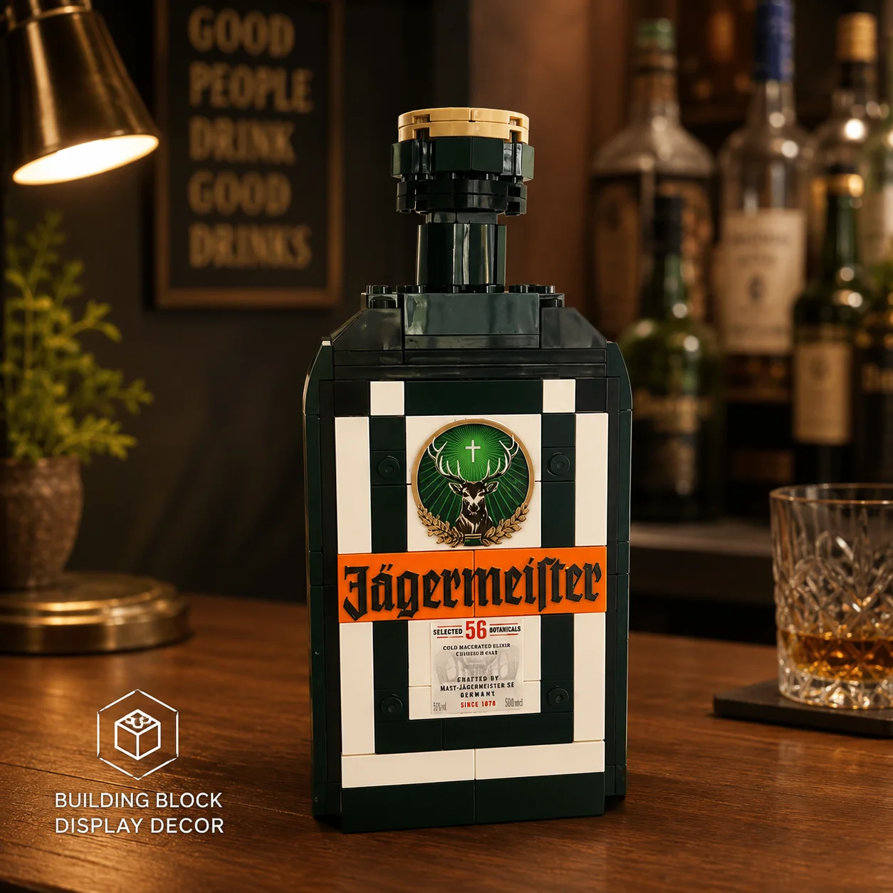 Modèle de bouteille de liqueur Jagermeister en blocs de construction, décoration de bar à domicile, briques de collection