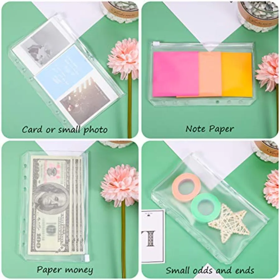 60 Packs A6 Size 6 Holes Binder Pockets Plastic Binder Zipper Folde Waterproof 6 Holes Zipper Loose Leaf Bags for Documents Not