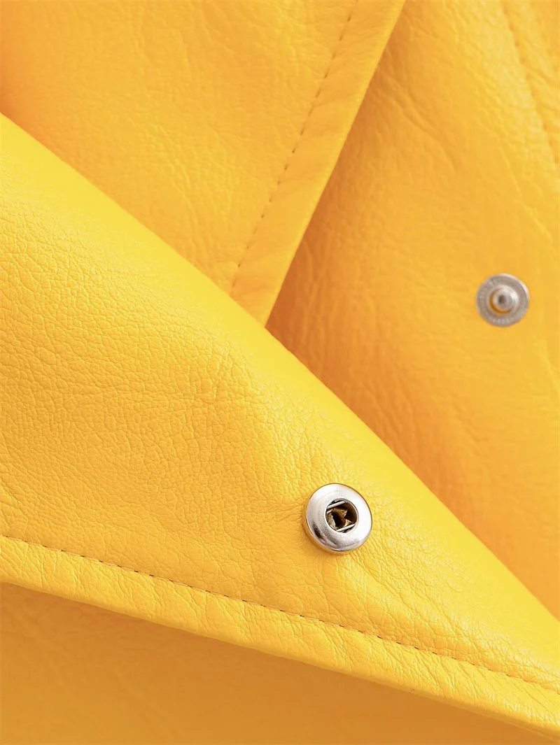 Guobioziy Women's Jacket 2026 Fall New Arrival Yellow Long-Sleeve Stand Collar Loose Faux Leather Jacket Parka Biker Style