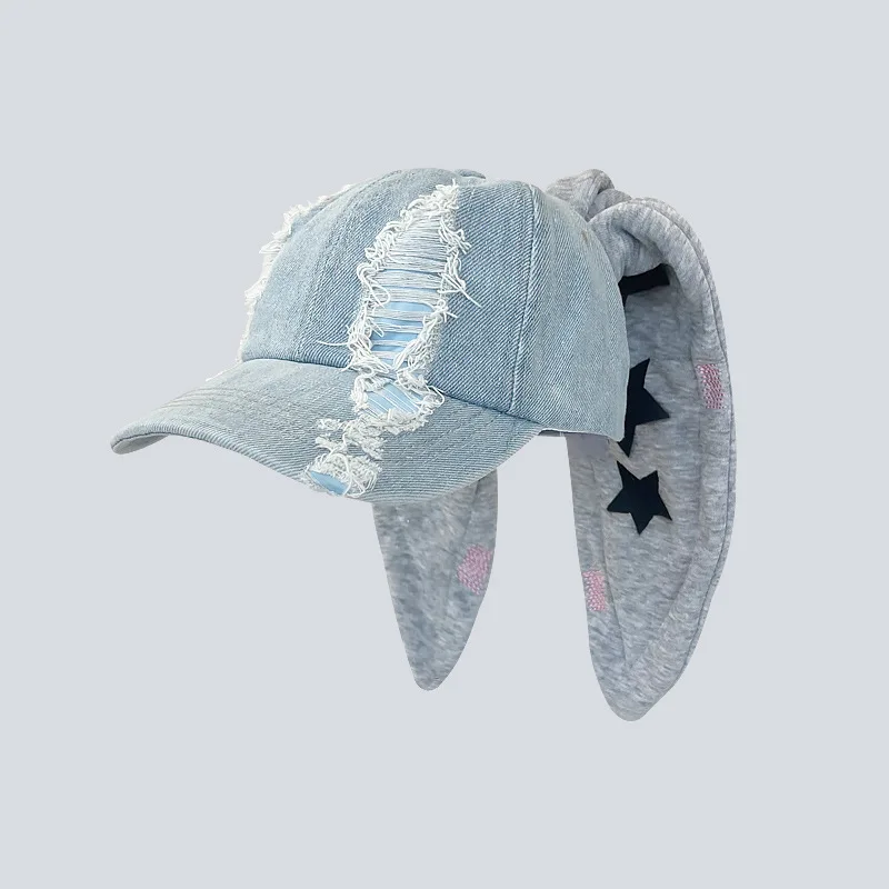 Kaninchenohren-Jeans-Baseballkappe für Herren und Damen, dunkle Persönlichkeit, Metallring, Street-Trend, verstellbare Sportmütze