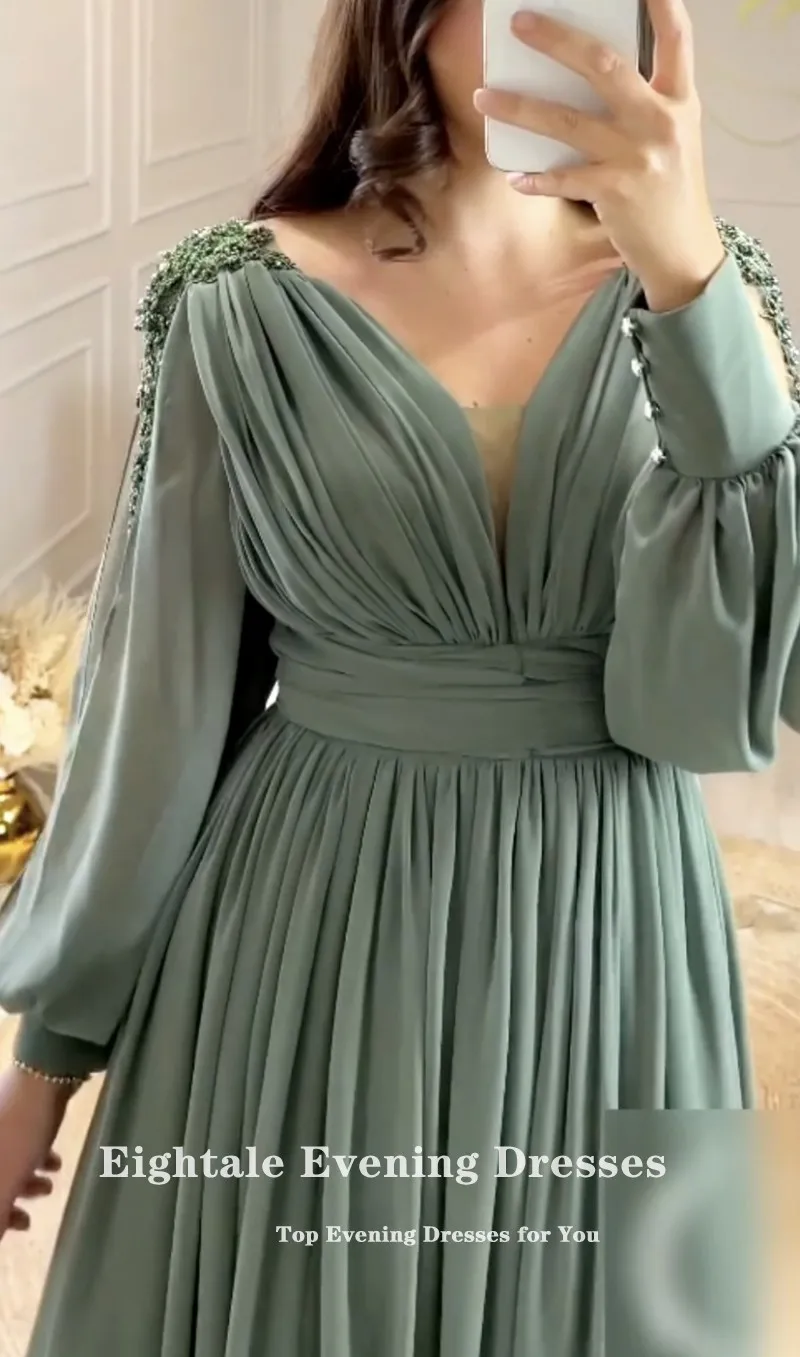 Eightale Grass Green Evening Dress for Wedding Party Customized Appliques Chiffon Beaded Long Sleeves Pleats Arabic Prom Gowns