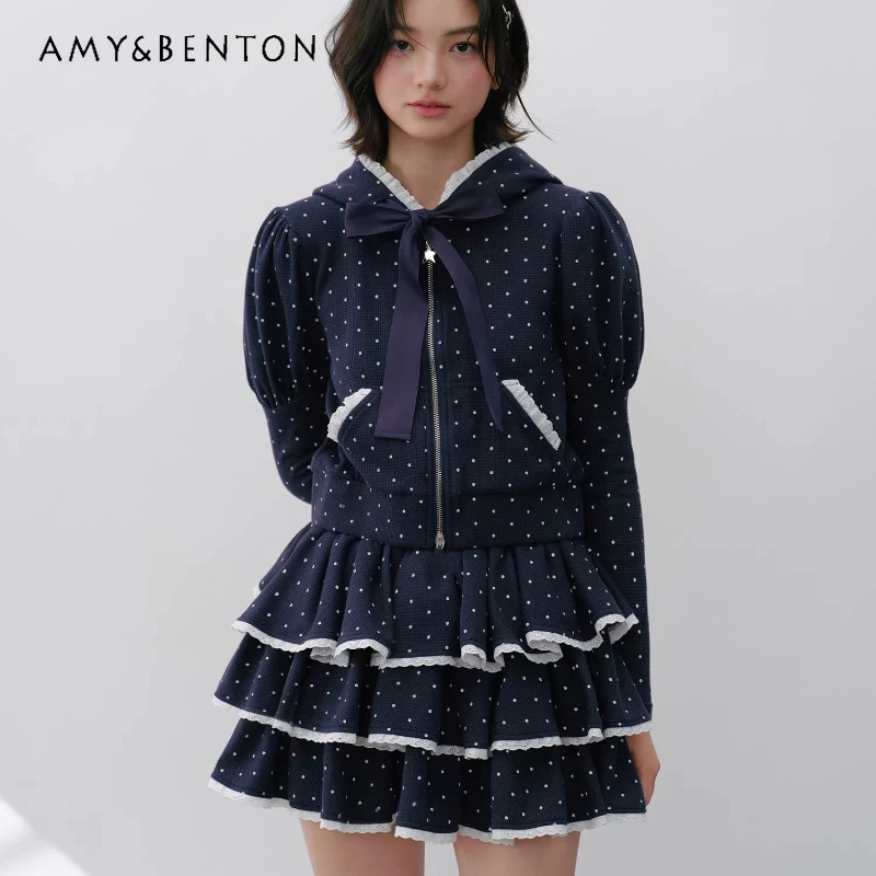 

Original Design Navy Blue Gray Polka Dot Hooded Women's Top Autumn Winter New Sweet Cool Lace Bow Cake Skirt Sports Set Ladies