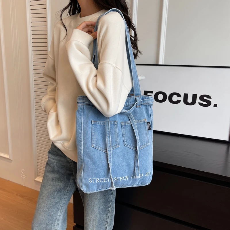 

Denim Blue Canvas Women Tote Bag Solid Color Casual Women Handbag Shoulder Bag Large Capacity Cotton Reusable Shopping Bag