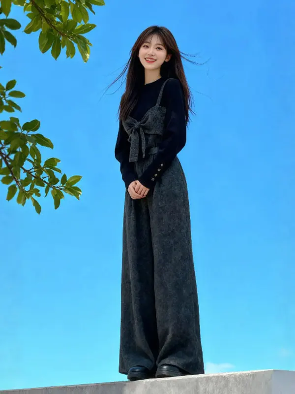 

Ele Bla-Piece Pantsuit Two-Piece Set Comfortable Warm Autumn Winter Women's Faion Ensemble ort Sve round Ne