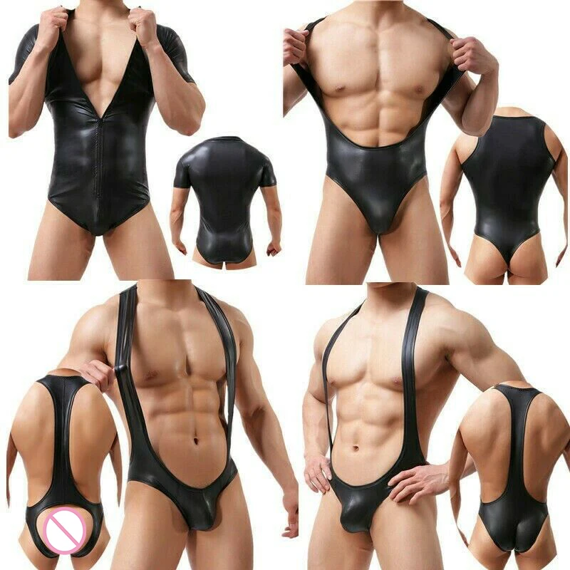 Macacão de couro PU de peça única masculino, bodysuit sexy, macacão catsuit, jockstrap, leotard, boxer, cuecas, tangas, roupa íntima, singlet de