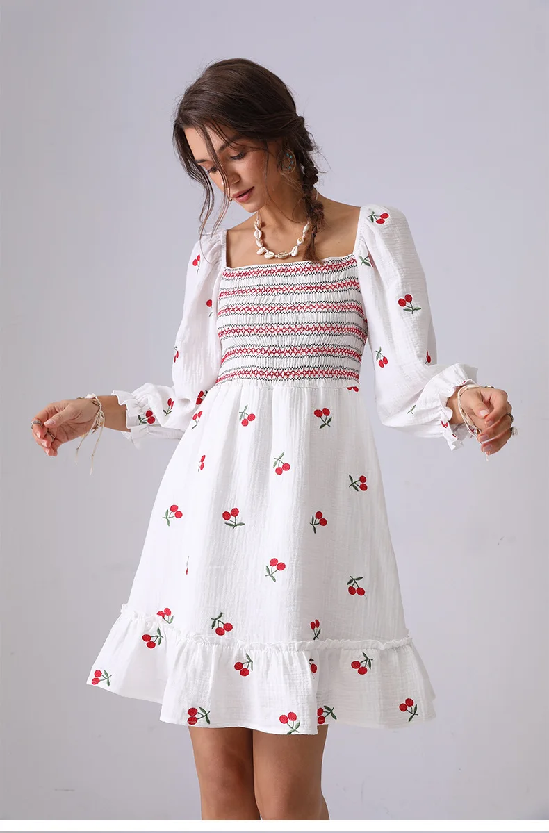 2025 Spring And Summer Short Women's Dress Cute Cherry Embroidery Dresses Square Neck Long Sleeve Boho Holiday Mini Dress