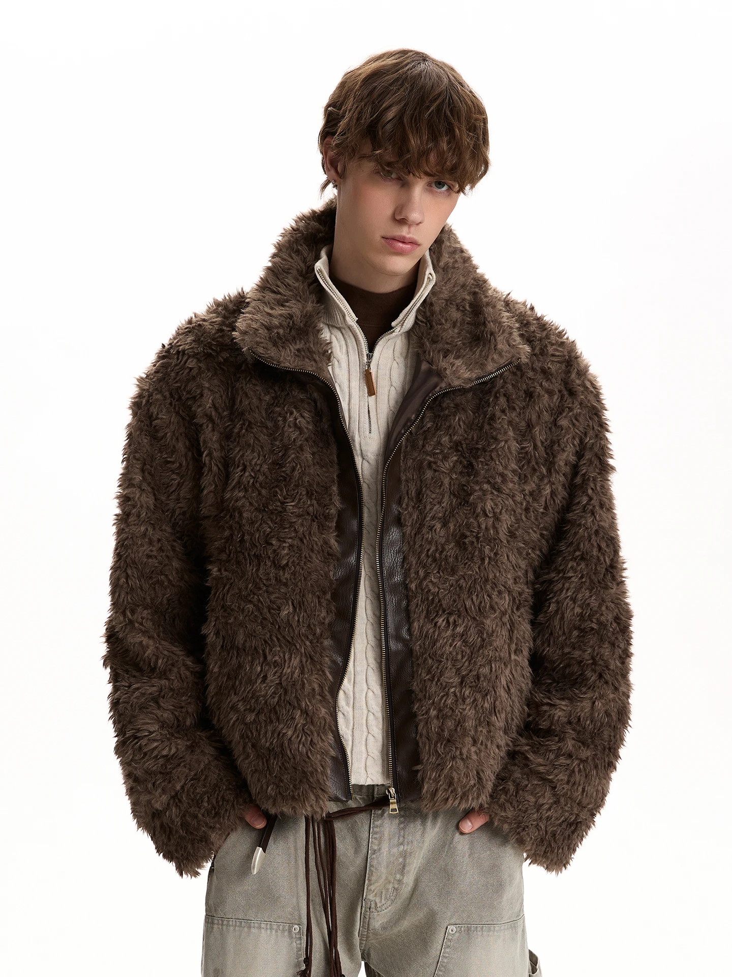 

a PUEE Retro Merald Lamb Velvet Cotton Jaet Winter Thi Warmth ort Fur Outerwear Youth Casual Sle Zipper Closure Coat