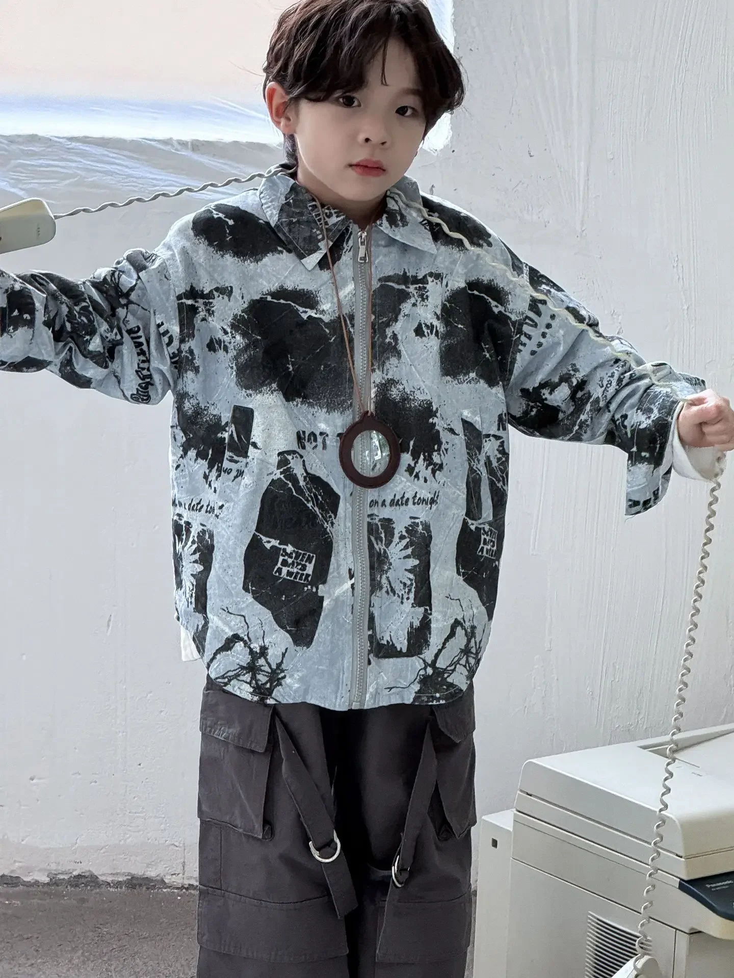 Children Clothes Boys Handsome Shirt Coat 2024 New Autumn Printed Blue Cotton Zipper Fashionable Casual Long-sleeved Shirt