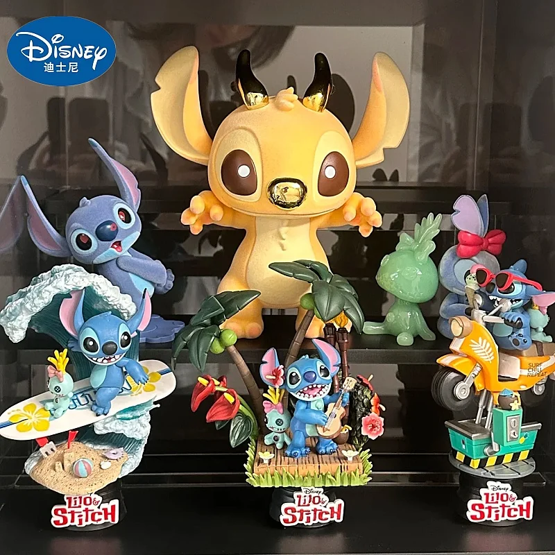 

Hot Disney Stitch Summer Holiday Series Cartoon Action Figures Mini Model Collectible Doll Toy Set Desktop Ornaments Kids Gifts