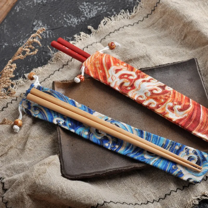 1pc Japanese Style Drawstring Utensil Bag Portable Cotton Linen Pouch for Chopsticks Spoon Straw Travel Cutlery Storage