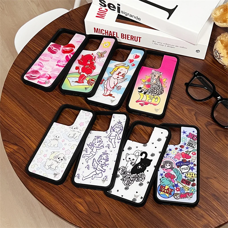 3D Funny Demon Angel Baby Luxury Wildflower Phone Cover For iPhone 13 12 14 15 16 Pro Max wf Graffiti Cartoon Character Case