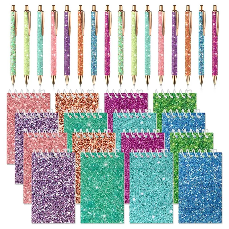 

AT82-32 Pcs Glitter Pens And Notebook For Kids Party Gift Glitter Mini Notepad Pocket Notebook Fancy Pens