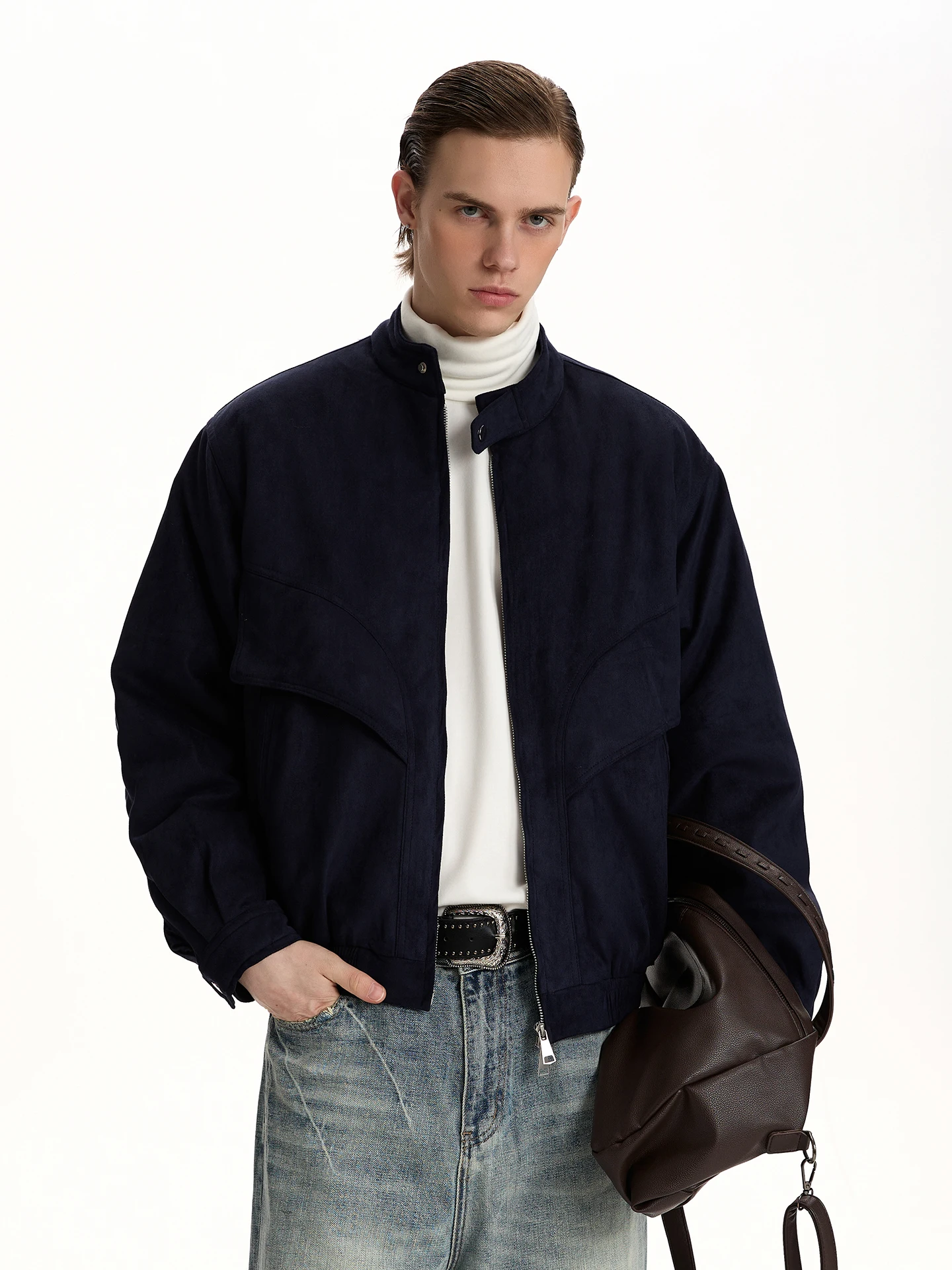 

a PUEE Retro Suede Stand Collar Jaet Thiened Warm Cotton Flight Suit Outerwear Youthful Sle Stand Fit with kets