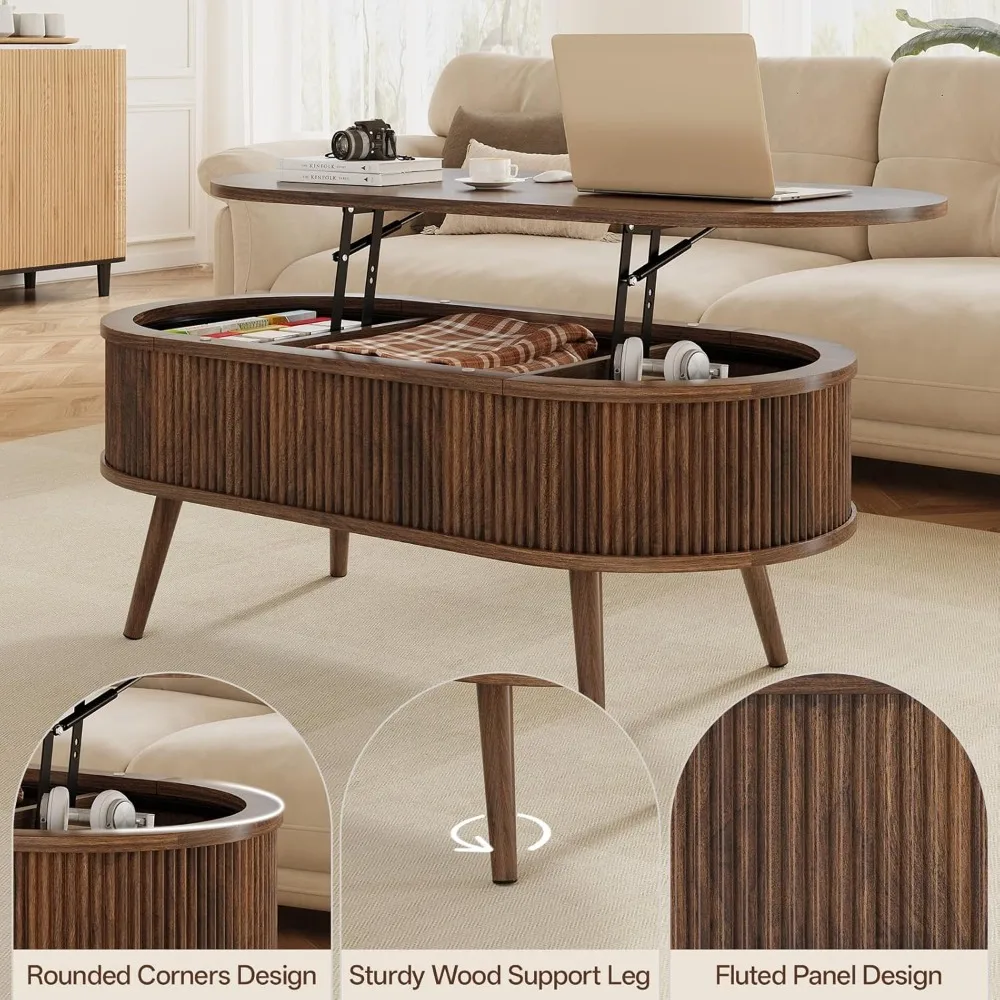 طاولة قهوة بيضاوية من العصور الوسطى، وطاولة مركزية مخددة مع سقف قابل للتعديل، ومساحة تخزين لغرفة المعيشة والمكتب المنزلي #3