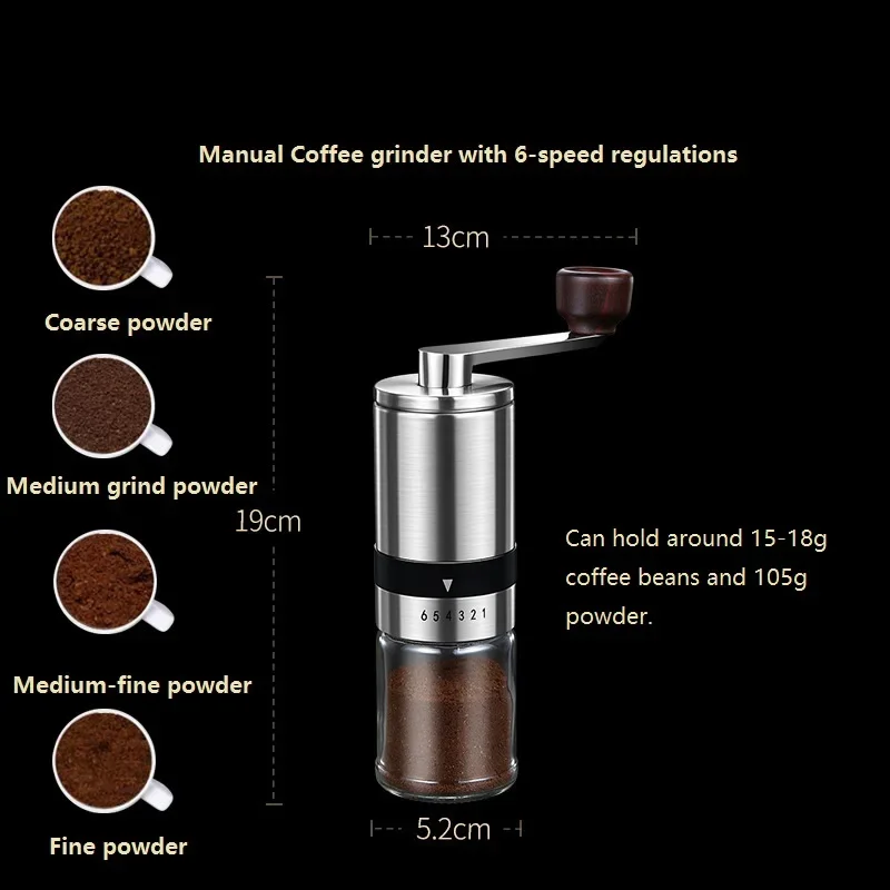 Adjustable Portable Manual Coffee Grinder Stainless Steel Handmade Coffee Bean Burr Grinders Mill 6 Speed Regulations Grinders