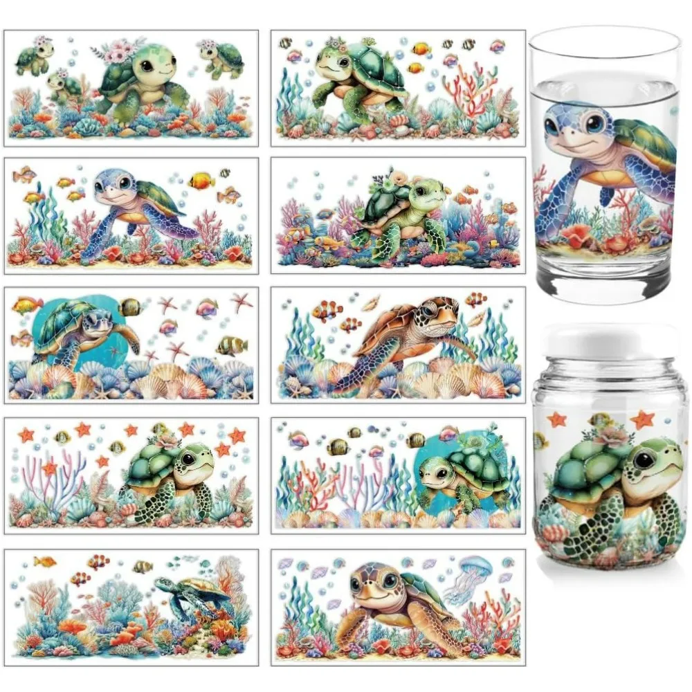 10 Sheets UV DTF Cup Wraps for 16 OZ Glass Cups 10 Styles Cartoon Sea Turtle Fish Seaweed Rub on Transfers PVC Transfer Stickers