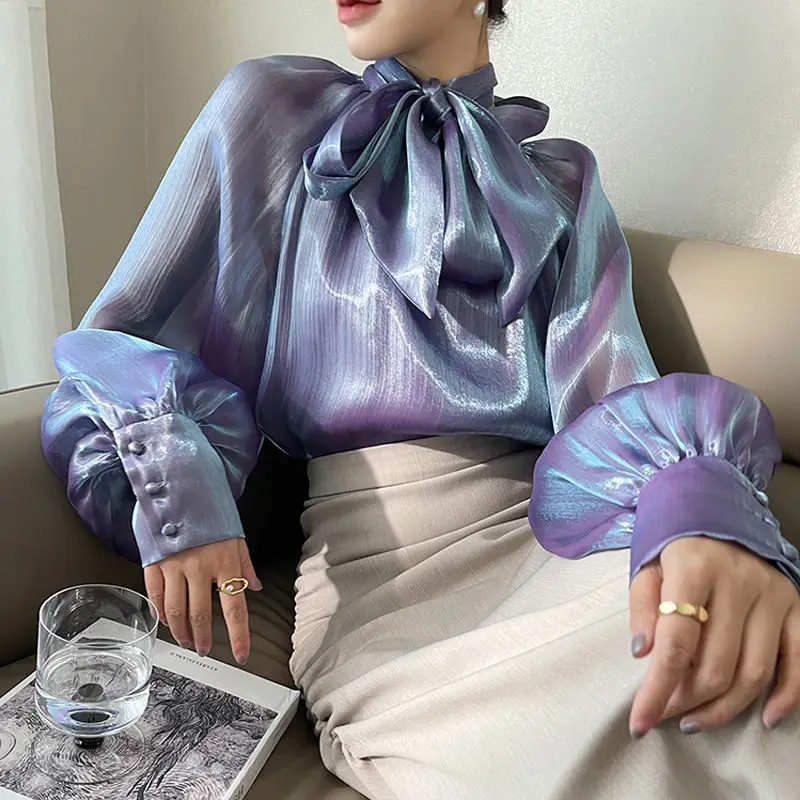 

Bowknot Mesh Blouse Womens 2023 Chic New Style Temperament Lady ChiffonTops Fashion Bright Purple Long Lantern Sleeve Shirt