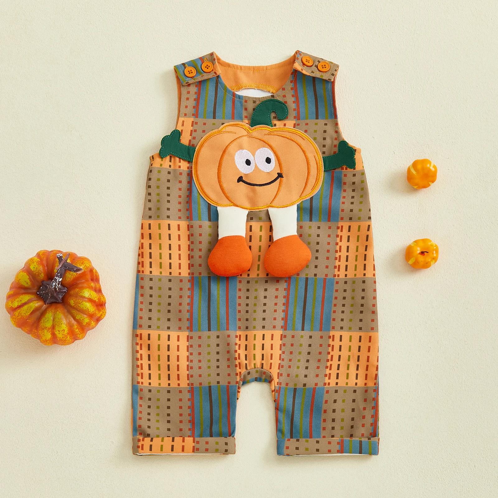 

VISgogo Baby Boy Halloween Romper Sleeveless Round Neck Pumpkin Embroidery Jumpsuit Newborn Overalls Playsuit