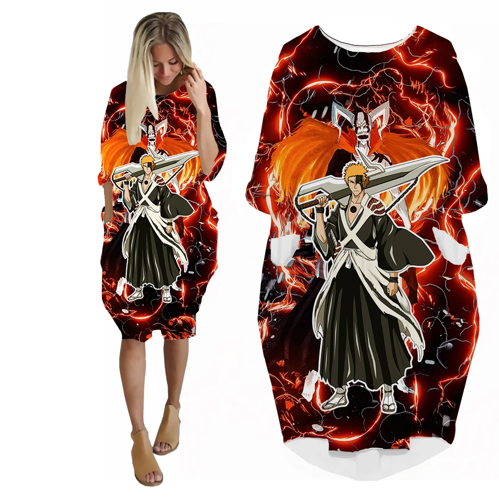 SONSPEE BLEACH Kurosaki Ichigo Harajuku Fashion 3D Print Pockets Skirt Japanese Anime Manga Personality Lady Loose Hip Hop Robe