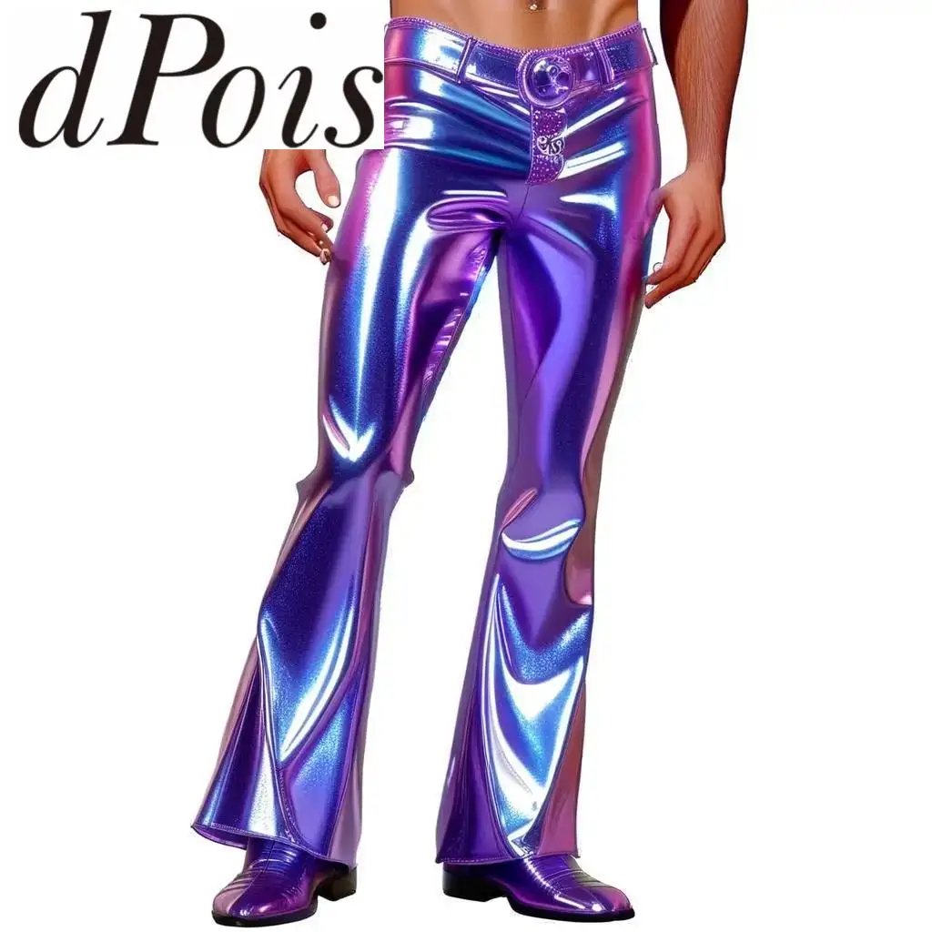 Men Shiny Holographic Flare Pants Vintage 70s Disco Pants Hippie Bell Bottom Trousers Clubwear Sexy PU Leather Metallic Pants