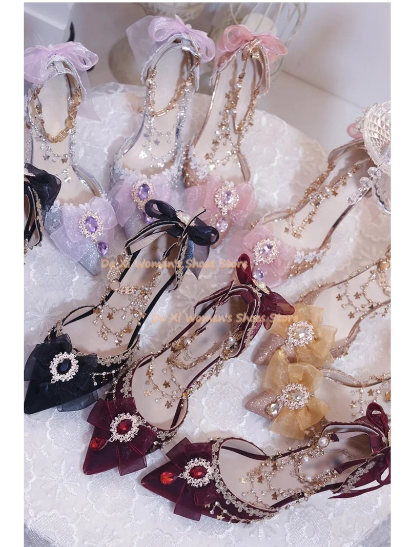 Zapatos de tacón alto rosa dulce con lazo, pedrería, encaje y perlas, con correa de tobillo, punta brillante, para novia, boda, fiesta, los más vendidos