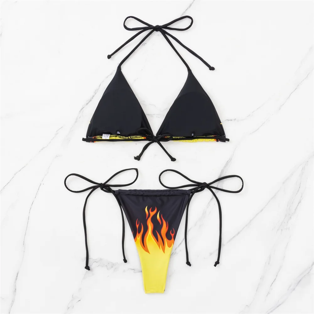 Hot Flame Bikini Backless String Sexy Triangle Swimsuit Y2K Micro Thong Women Swimwear Pads 2-piece Brazilian Beach Bathing Suit