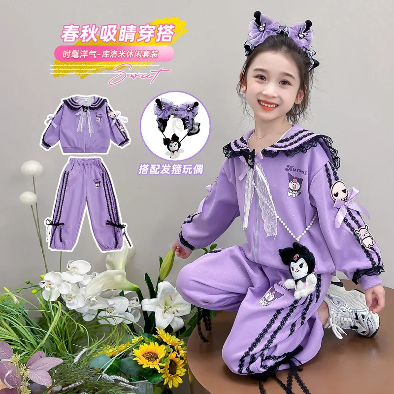 Conjunto de sudadera y pantalones de Anime Sanrioed Kuromi para niñas, ropa deportiva gruesa de estilo coreano, Tops informales, otoño e invierno, 2 piezas