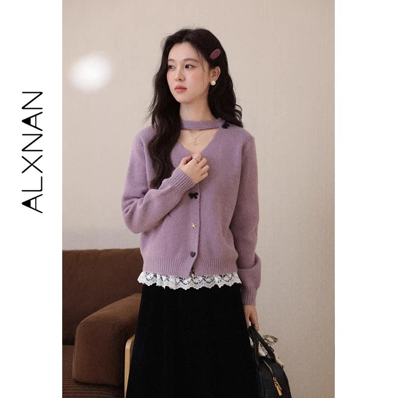 ALXNAN Women's Purple Knit Cardigan V-neck Hollow Out Unique Buttons Sweaters for Autumn Winter Fashion Tops Ladies L60212