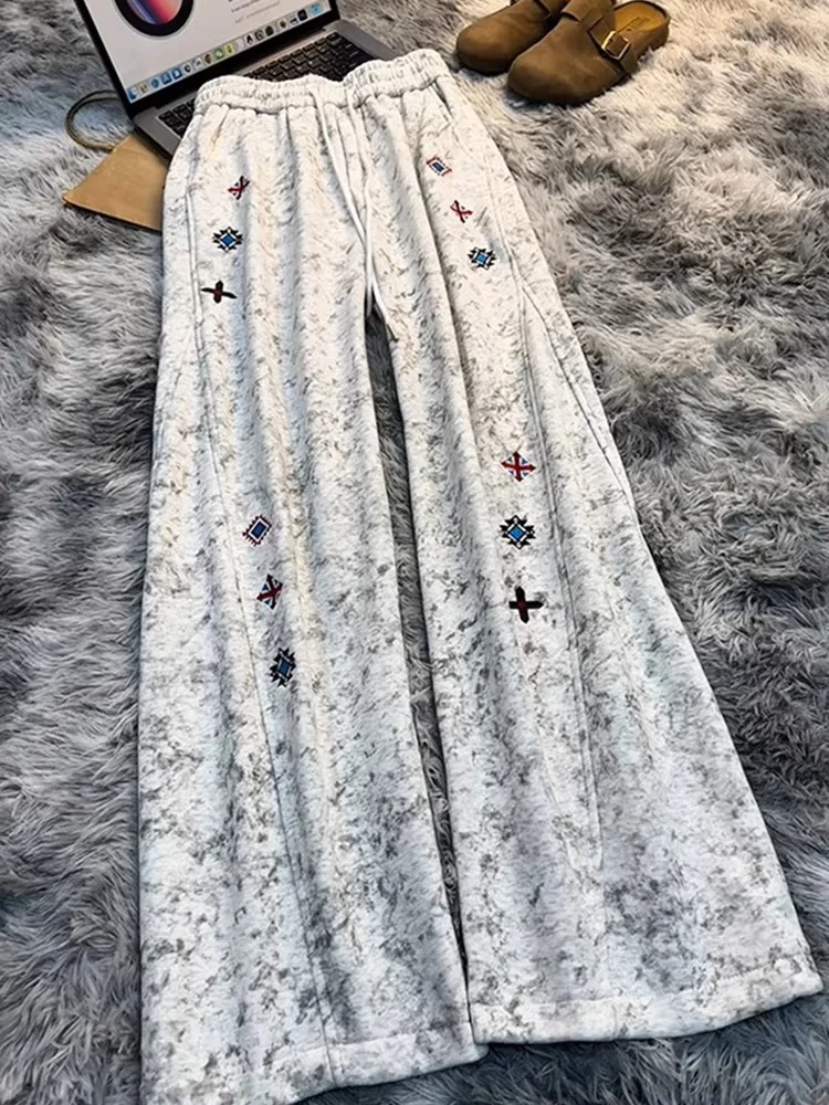 

Men's Winter Thiened Fce Dstring Tied Dye Embroidered Straight Leg Casual Pants American High Street Sle Knife Cut