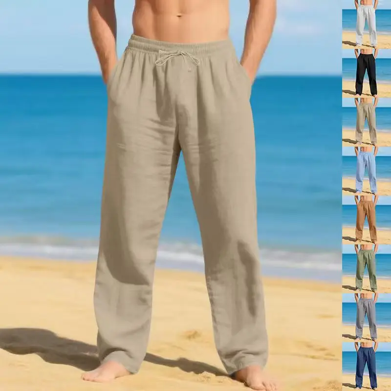 Pantalones de Lino y Algodón para Hombre, Nuevos Modelos 2025, Pantalones Casuales Holgados de Otoño, Transpirables, de Color Sólido, con Cordón, para Yoga y Ejercicio