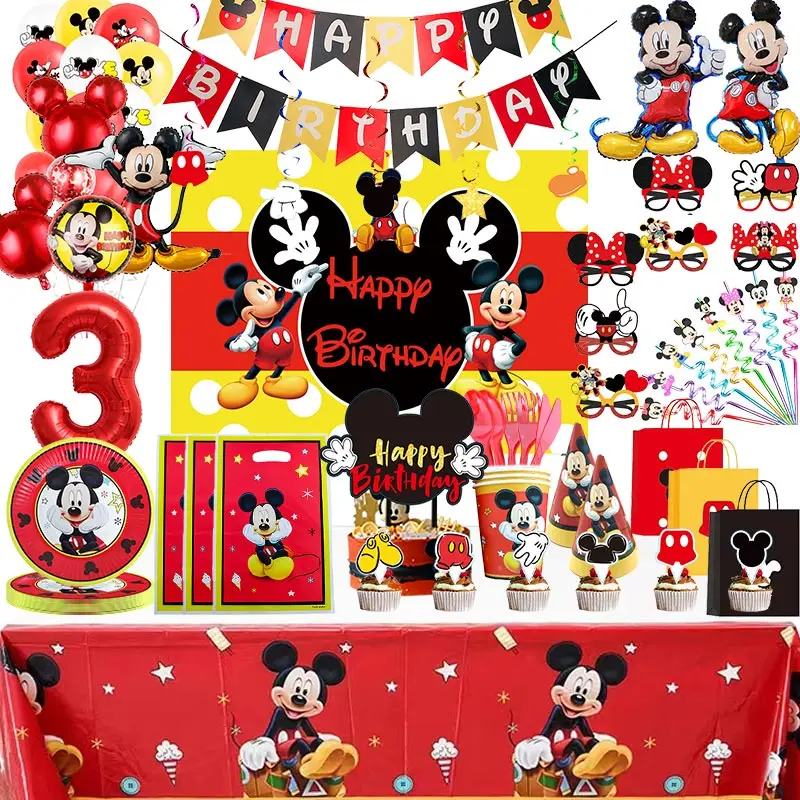 Disney Mickey Mouse Birthday Decoration For Kid Happy Mickey Minnie Theme Tableware Cup Plate Balloon Party Supplies Baby Shower