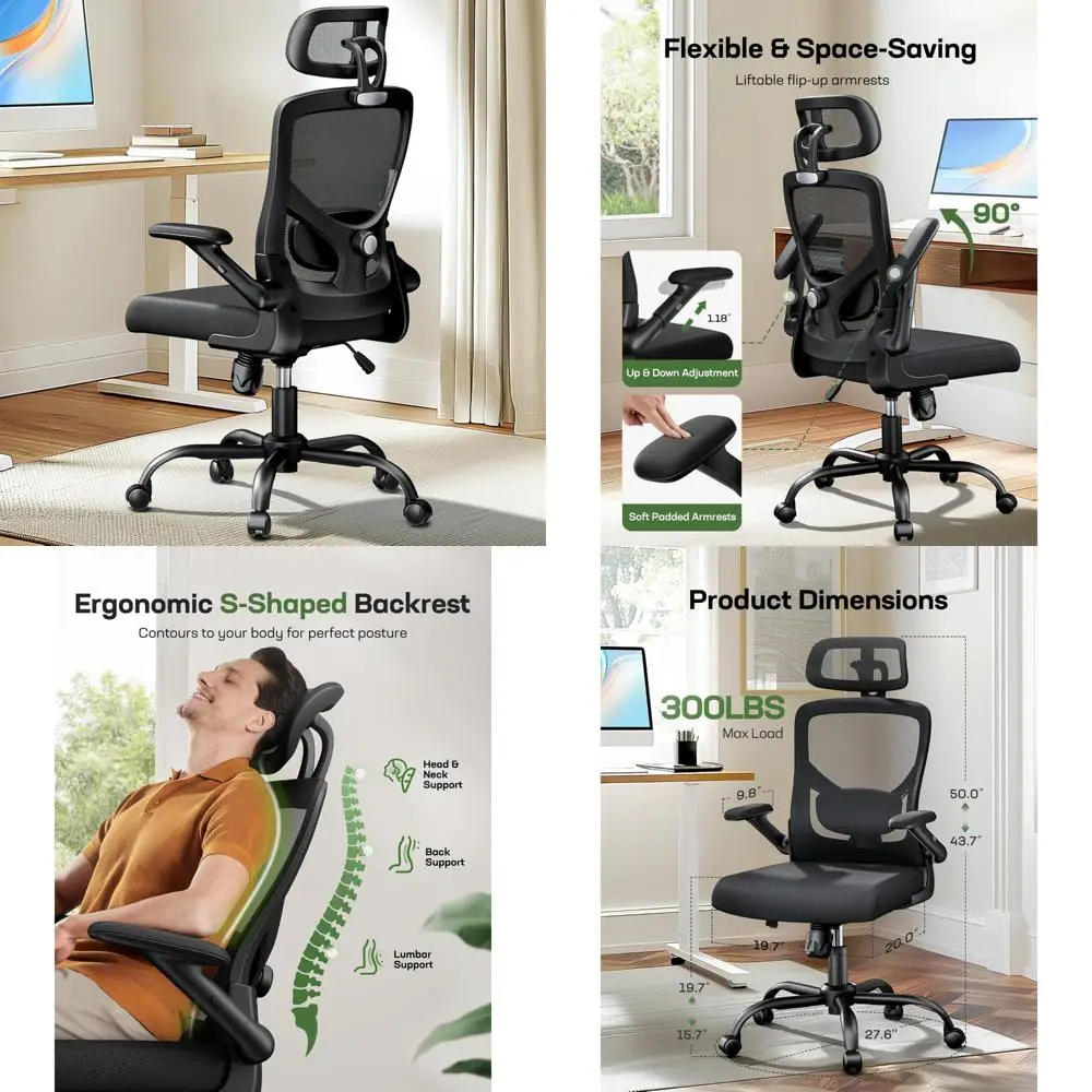 

Ergonomic Mesh High-Back Office Chair with Adjustable Lumbar Support, Headrest, Flip-Up Arms, and Swivel Function