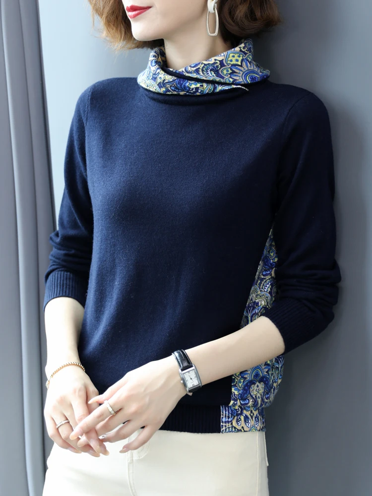 

Turtleneck Sweater Woman Winter Korean Fashion Pullover Femme Women Clothing Long Sleeve Top Print Patchwork Sweaters