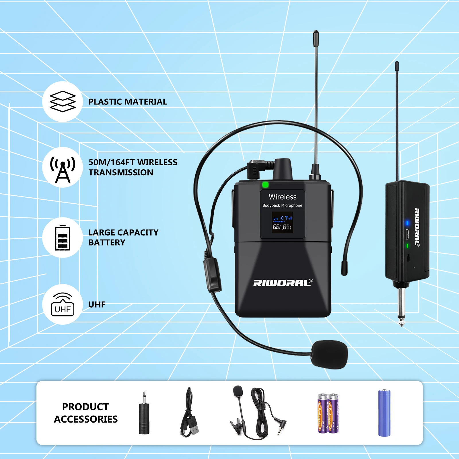 

Riwoarl Wireless Transmitter System Professional UHF headset Mic 50M For Party Show Stage Wedding Church